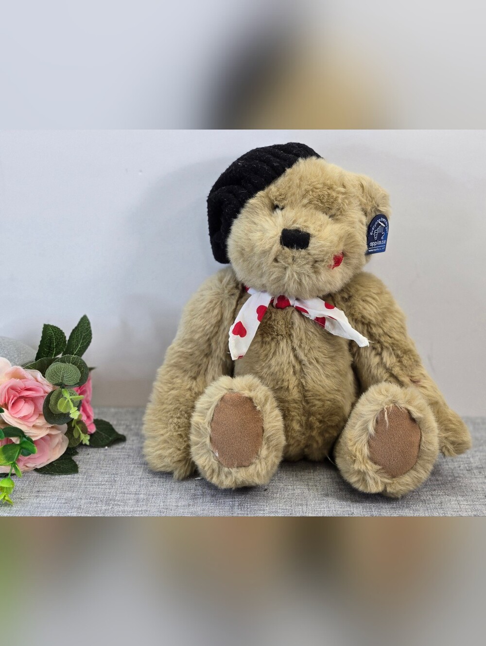 Vintage Rare Applause PIERRE‎ Teddy Bear Plush 11in KISS ON CHEEK Hearts Ribbon